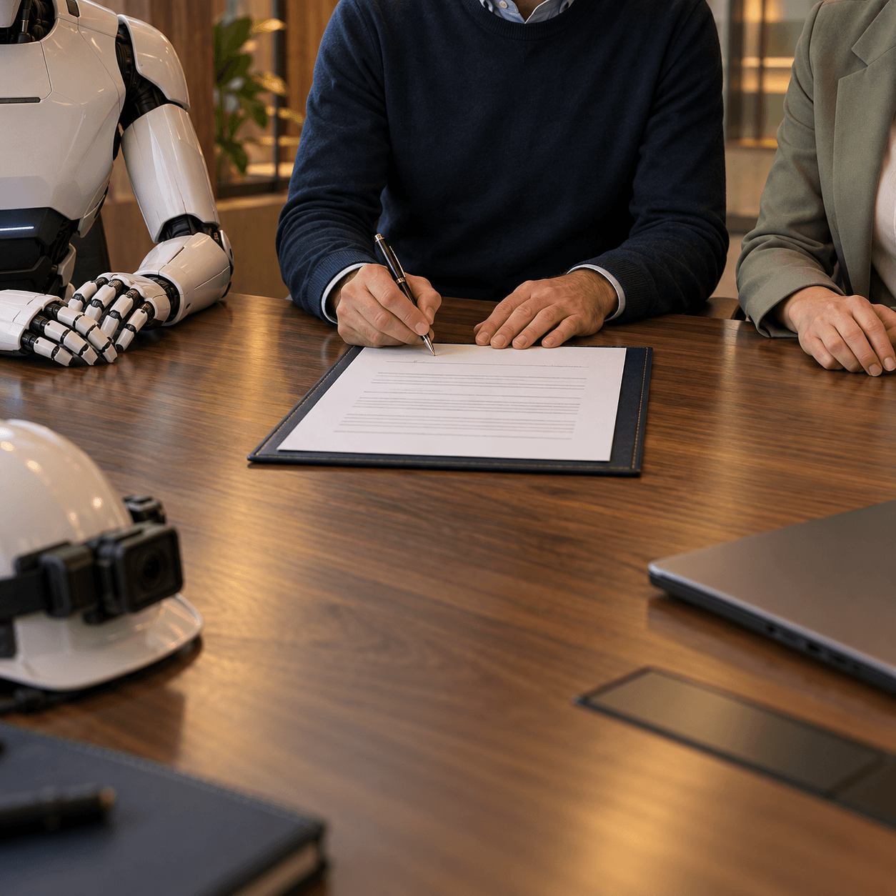 Illustrative contract signing with a humanoid seated on the left, a person signing in the middle, and a second person seated on the right, all faces out of frame
